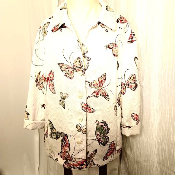 Alfred Dunner Butterfly Jacket Plus Sz 16 Ivory Brocade Textured Cottage Career - Picture 7 of 16